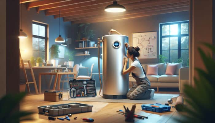 Contemporary hot water tank located in a comfortable Ladner, Delta basement, serviced by a knowledgeable plumber.