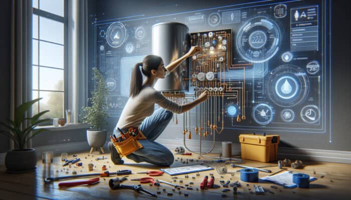 A skilled installer connects a hot water tank to electrical and plumbing systems in a modern home.