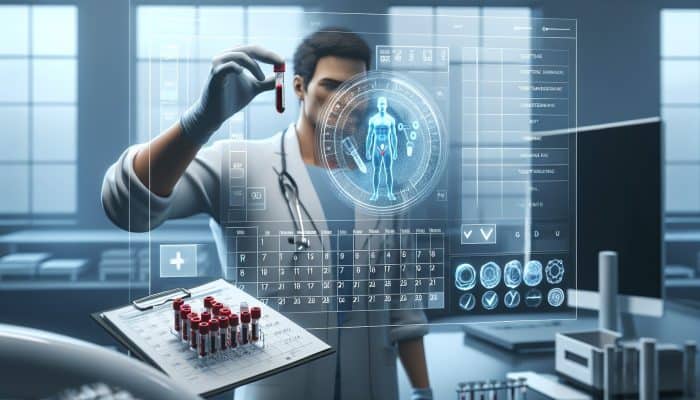 Individual in a laboratory setting with a testosterone vial, checklist, and calendar, preparing for a blood test.