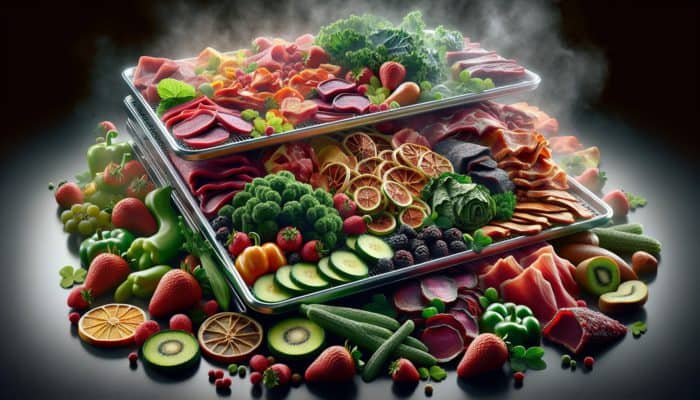 Food Dehydration Tips: Colourful fruits, vegetables, and meats on a dehydrator tray with steam, preserving nutrients.