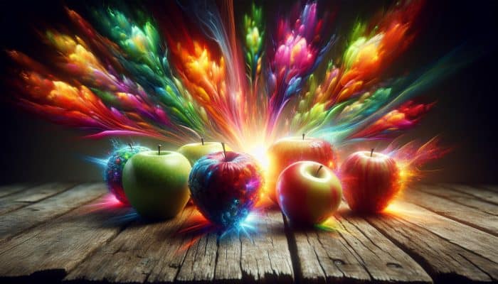 Healthy Snack Ideas for Energy: Assorted apples on a rustic table, emitting colorful light, symbolizing quick energy.