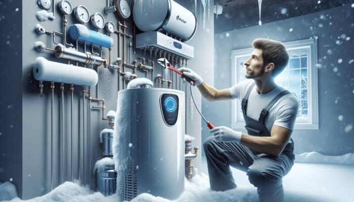 Technician in a snowy Canadian home inspects sleek tankless water heater, removing scale buildup with tools, near modern water softener.