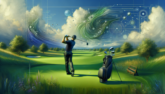 A golfer executing a perfect swing on a green course, surrounded by diagrams illustrating expert strategies.