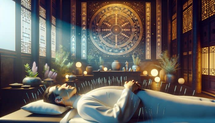 Acupuncture for Facial Pain: A tranquil acupuncture session in a traditional Chinese environment with needles precisely placed on a patient's face and body, surrounded by Qi symbols.