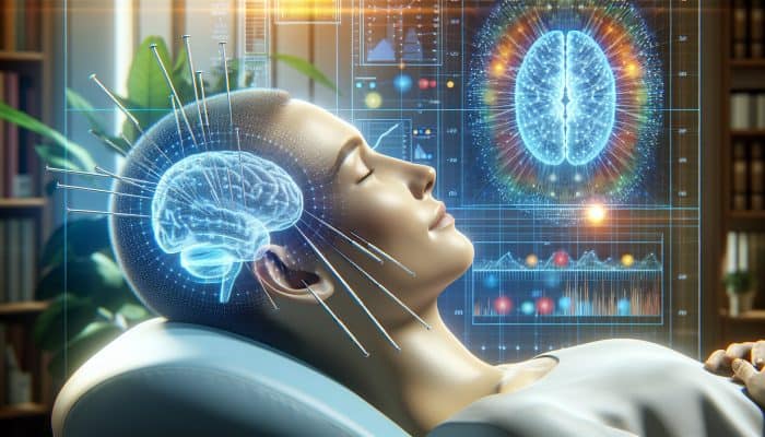 A tranquil acupuncture session in a modern UK clinic, with a patient receiving treatment for facial pain, showcasing relief, alongside research data on migraine reduction.