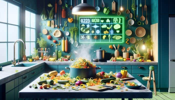 A vibrant kitchen scene showcasing vegetable peels converted into nutritious stock, emphasizing eco-friendly upcycling.
