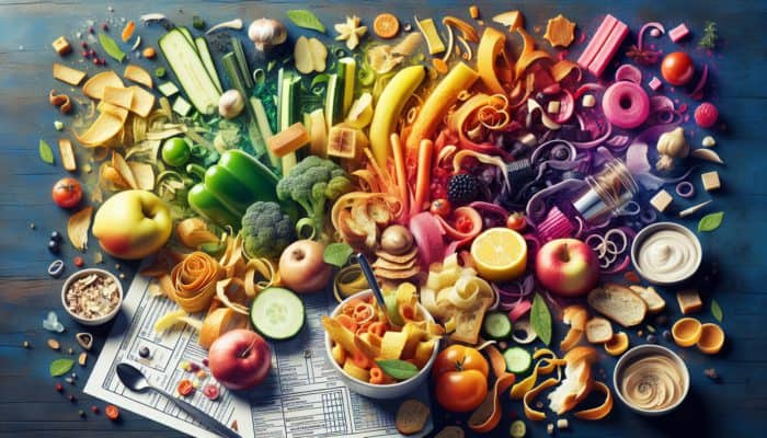 Dynamic kitchen scene featuring food scraps turned into delectable upcycled dishes.