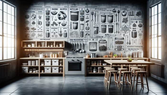 Kitchen scene demonstrating food scrap storage, upcycling recipes, and preservation techniques like freezing, dehydrating, and fermenting.