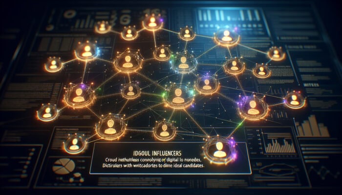 A digital network of glowing nodes representing influencers, with ideal candidates highlighted in vibrant colours.