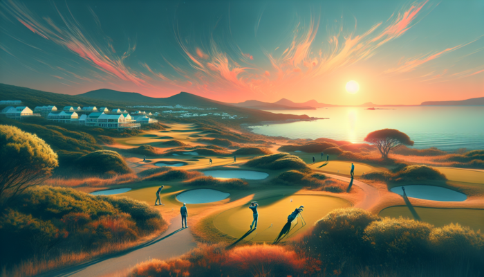A serene South African golf course at sunset in Mossel Bay, with players enjoying a relaxed pace.