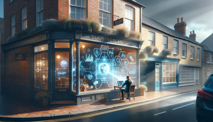 Quaint shop in Cinderford with 'Local SEO Services' sign; owner inside analyzing graphs, keywords, and icons on laptop under daylight.