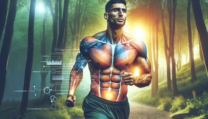 A determined athlete with chiseled muscles jogging at dawn through a lush forest, symbolising BCAA benefits for endurance and vitality.