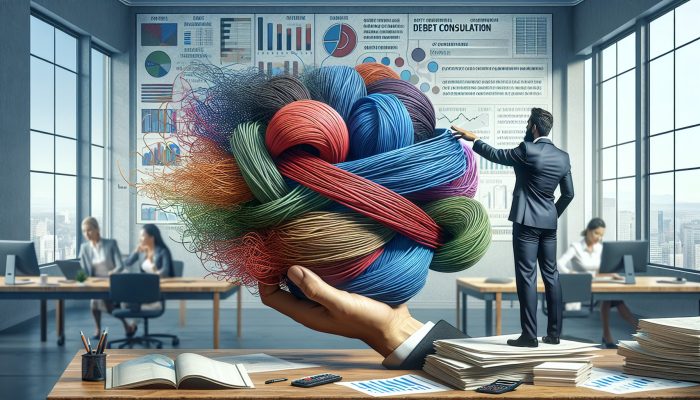 How to Qualify for Debt Consolidation with Poor Credit: UK Guide | DCL A person merging colourful tangled strings into one clear string, symbolising debt consolidation, in a calming office.