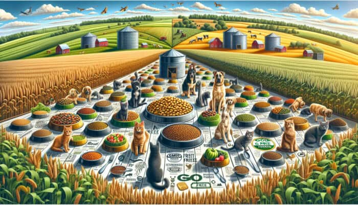 Organic Food Brands Review for Pets: Vibrant farm scene with playful dogs and cats eating organic pet food, surrounded by lush pesticide-free fields and GMO-free packaging labels.