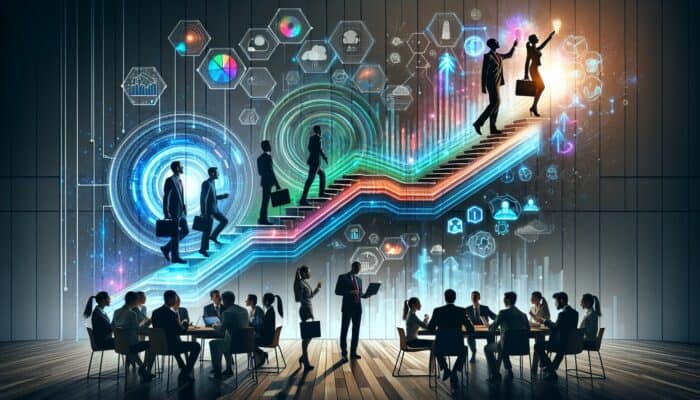 Agents promote web hosting in an office scene, with support escalations represented as a glowing ladder and climbing figures amid charts and discussions.