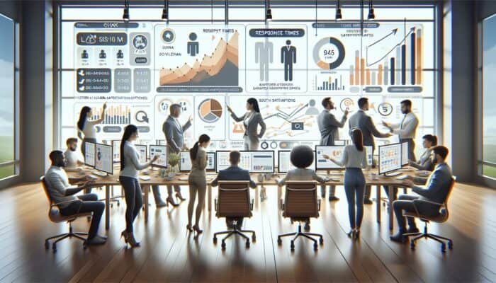 A diverse team in a modern office analyses support metrics on digital screens, showcasing graphs of response times, resolution rates, and user satisfaction scores.