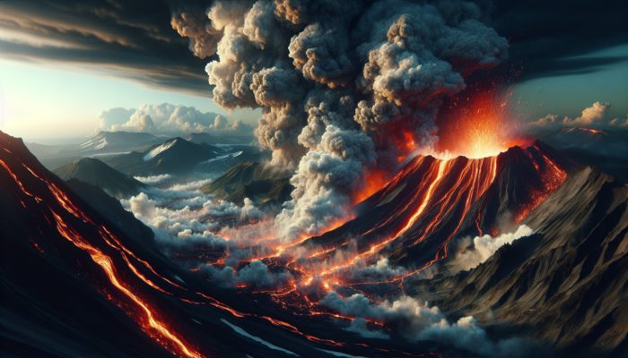 Surviving a Volcanic Eruption: Dramatic eruption of Mount St. Helens: fiery lava streams flow down rugged slopes, thick ash clouds rise into a stormy sky.