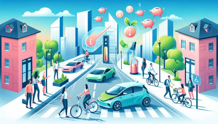 Vibrant city street with electric cars, bicycles, smiling commuters, floating dollar bills, piggy banks, and cost-saving graphs under a clear sky.