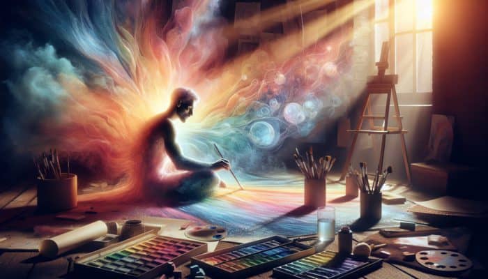 A focused artist in a sunlit studio experiments with pastel washes, blending colors on textured paper amid art supplies.