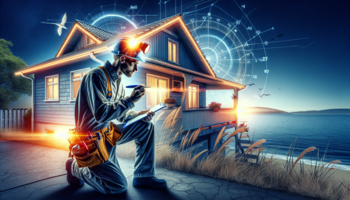 A professional inspector in Richards Bay assesses cracked walls and rusty roofs on a mid-level home, utilising tools under bright sunlight.