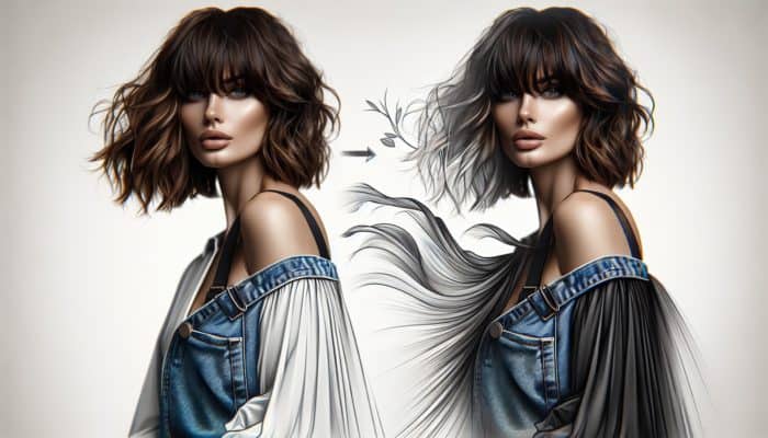 A stylish woman with soft, feathered curtain bangs framing her face, wearing a versatile outfit that blends casual and elegant vibes.