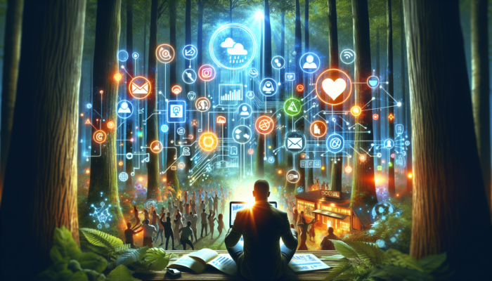 Small business owner in Cinderford's forests: typing on a laptop with social media icons, networking at a community event, and checking email campaigns.