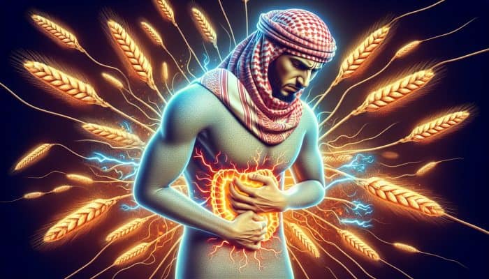 Illustration of a person clutching their stomach in pain from gluten sensitivity, surrounded by glowing wheat grains attacking the digestive system.