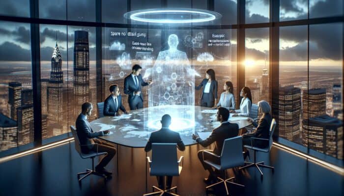 Diverse global executives in a boardroom examine a glowing holographic whitepaper with diagrams and world maps, symbolizing B2B insights.