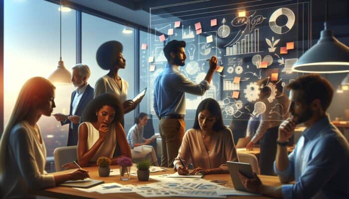 Diverse team collaborates in a modern office on a whitepaper: one drafts on a tablet, others use sticky notes and charts under warm lighting.