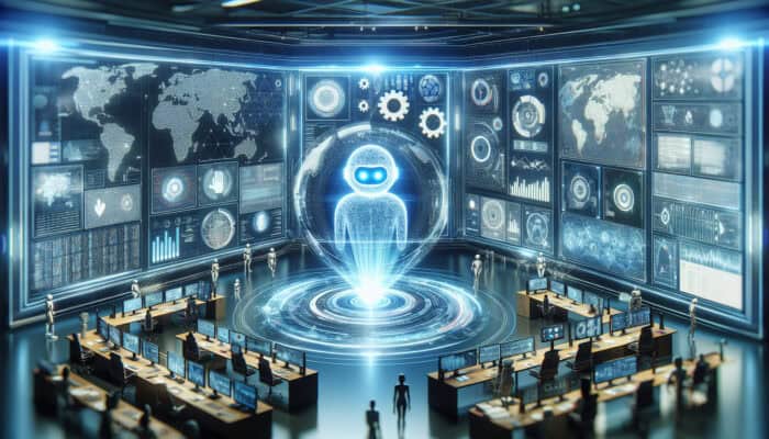 A holographic AI virtual assistant floats in a high-tech control room, surrounded by screens showing analytics for healthcare, finance, customer service, global maps, and efficiency gears.