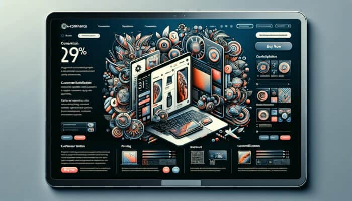 Laptop screen displaying a well-designed e-commerce product page featuring sleek gadget images, detailed descriptions, pricing, customer reviews, and a prominent "Buy Now" button.