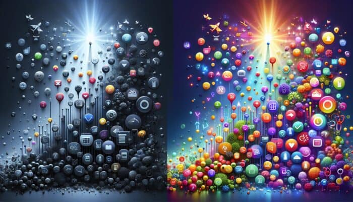 Illustration depicting SEO's impact: a dimly lit underperforming product page with low traffic icons versus a vibrant one showcasing rising graphs and symbols of sales growth.