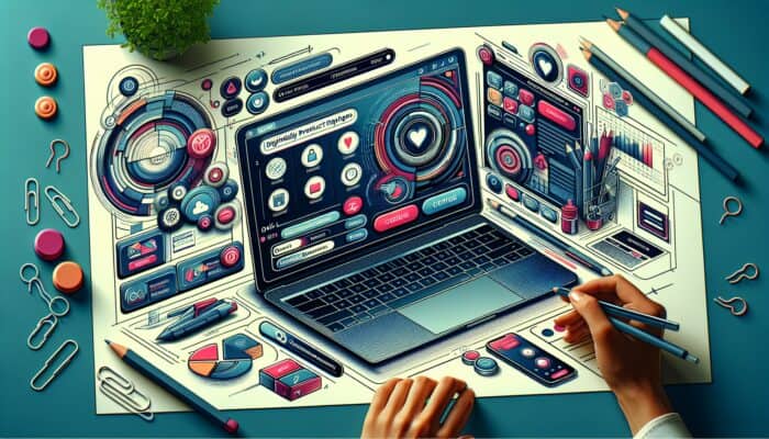 A vibrant digital illustration of a modern e-commerce page on a laptop, featuring intuitive navigation, user-friendly buttons, and engaged users browsing the site.