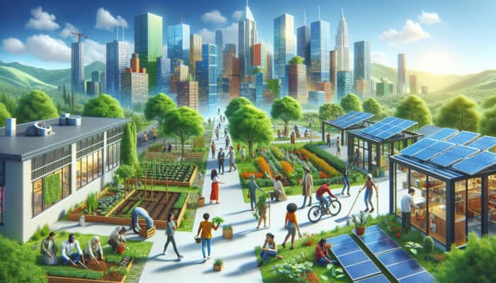 Vibrant city scene: diverse people planting trees, cycling on green paths, installing solar panels under a clear blue sky.