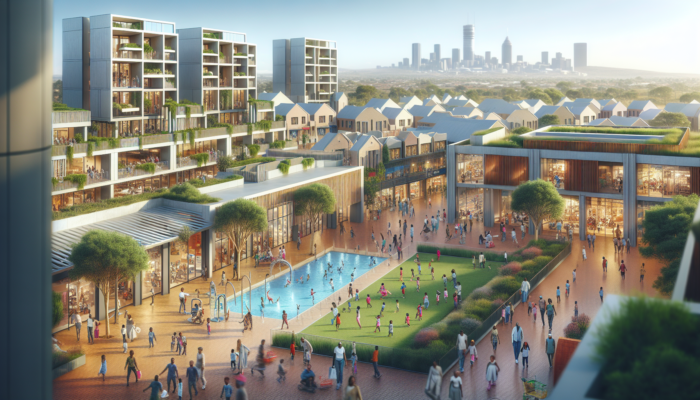 Vibrant Boksburg suburb with modern homes, children playing near a school, shoppers in a lively mall, families in a green park, and Johannesburg skyline.