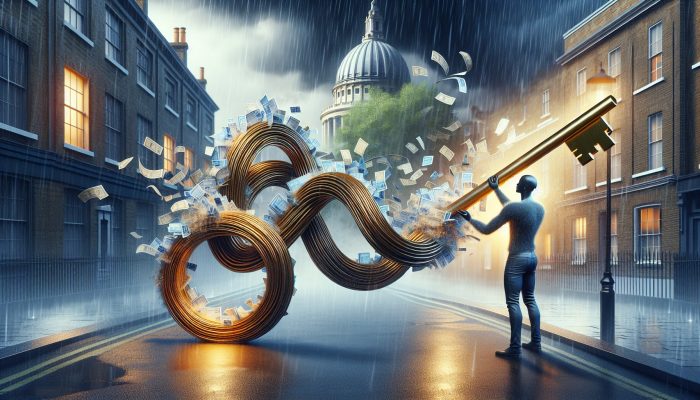 Debt Consolidation Loans vs Peer-to-Peer Lending | DCL Person in rainy London street holding golden key labeled "Debt Consolidation Loan," with swirling bills and credit cards merging into it, symbolising simplified finances.