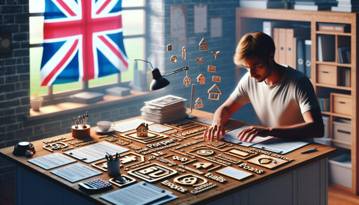 A person organising property deeds and utility bills on a cluttered wooden desk in a cosy UK home office, with a Union Jack flag.