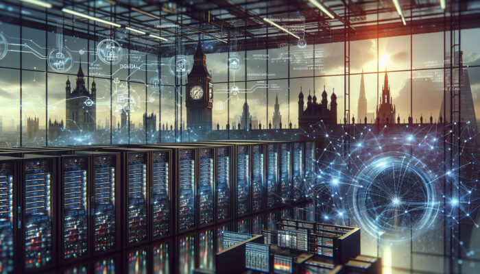 Illustration of UK's remote cheque clearing: digital networks, servers in a modern London office with Big Ben, dynamic data flows emphasising efficiency and innovation.