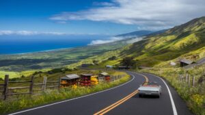 A white convertible glides along one of Maui Upcountry’s scenic routes—a winding coastal road bordered by wildflowers and wooden fences. Lush green hills rise to the right, while the deep blue ocean stretches into the distance under a bright sky.