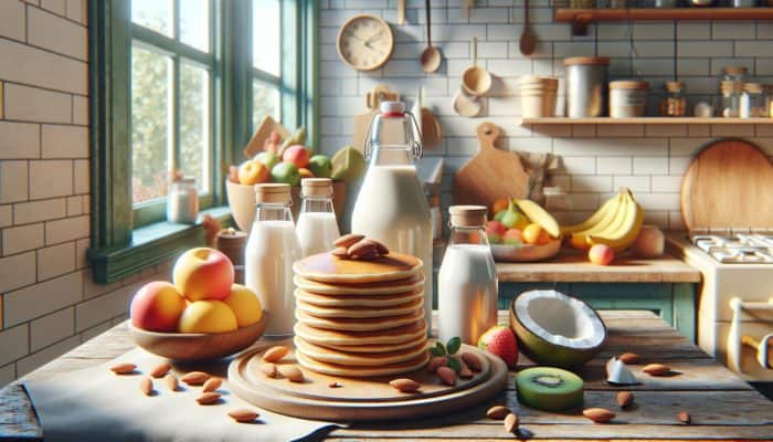 A stack of golden, fluffy gluten-free pancakes on a wooden plate, surrounded by almond milk, coconut water, fruits, and morning sunlight in a bright kitchen.