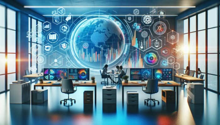 A modern high-tech office with laptops showing project tools and financial charts, team collaborating via holographic screens, a world map, and vibrant growth icons.