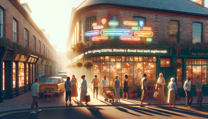 Vibrant street scene in Wareham, UK: bustling local shop with glowing digital directories, Google results, and happy customers engaging in sunlight.