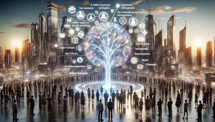 Futuristic cityscape with diverse people and AI around a glowing ethical tree displaying holographic moral codes, symbolising progress and innovation.