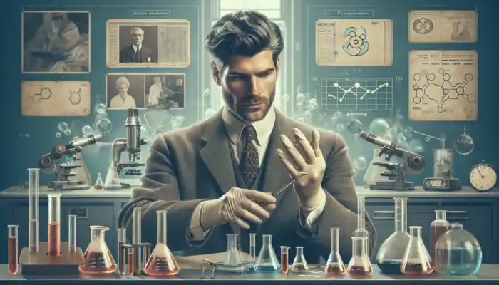 British inventor in a 1960s UK laboratory holding first disposable latex gloves, surrounded by beakers, instruments, and charts symbolising healthcare innovation.