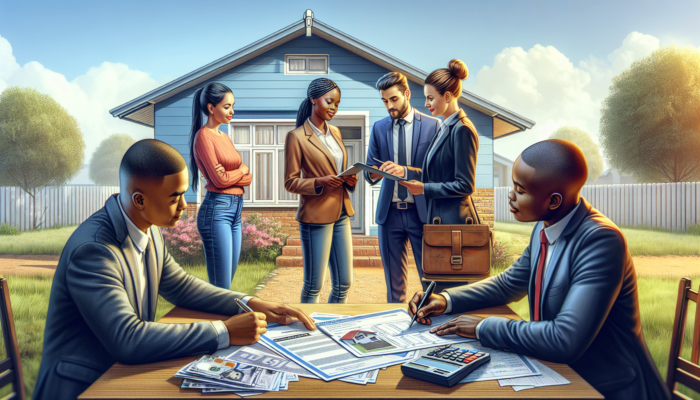 A diverse couple consults a real estate agent outside a modest home in Vanderbijlpark, as a banker reviews documents and an inspector examines the property.