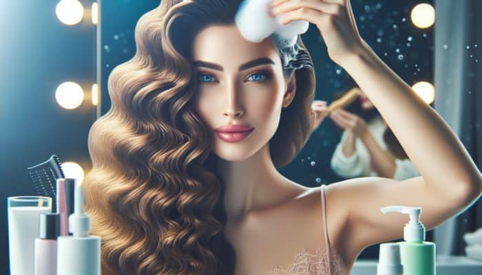 A woman with long wavy hair sections her strands and massages mousse into scalp roots in a well-lit bathroom for added volume.