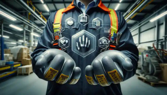 Polythene Gauntlet Gloves in Havant: Close-up of tear-resistant HDPE polythene gauntlet gloves on a worker's hands in a busy UK industrial setting, emphasising safety.