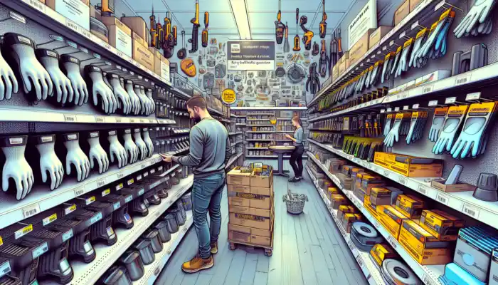 A customer inspects shiny polythene gauntlet gloves on shelves in a busy Havant hardware store, surrounded by tools.