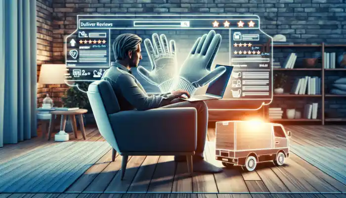 A focused shopper in a cosy Havant living room browses Amazon on a laptop for polythene gauntlet gloves, viewing reviews and a delivery van.