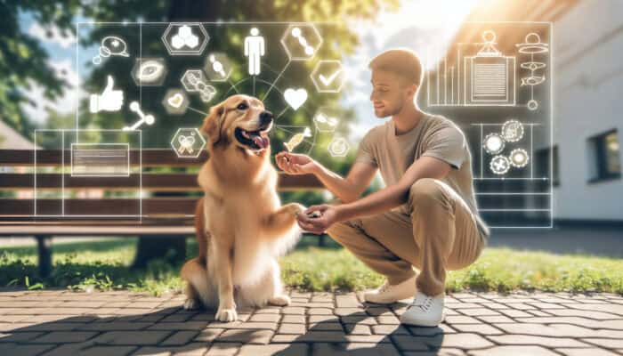 A joyful owner rewards a sitting golden retriever with a treat under the sun, gently guiding its paw down.
